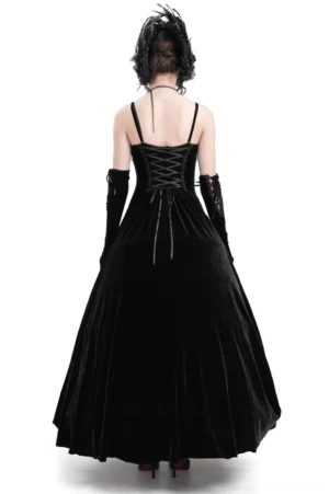 Gothic black velvet maxi dress back view showing corset lace-up design and floor-length silhouette