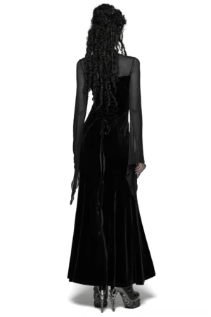 Gothic black velvet maxi dress rear view showing lace-up corset back design and flowing bell cuff mesh sleeves