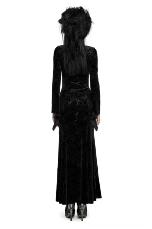 Black velvet gothic maxi dress back view showing lace-up corset back design with embossed velvet on model