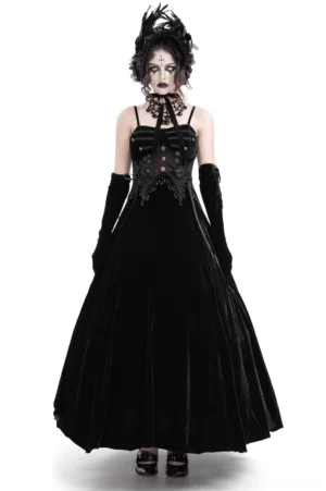 Black velvet gothic maxi dress with beaded lace appliques - front view on model featuring spaghetti straps and floral bodice detailing