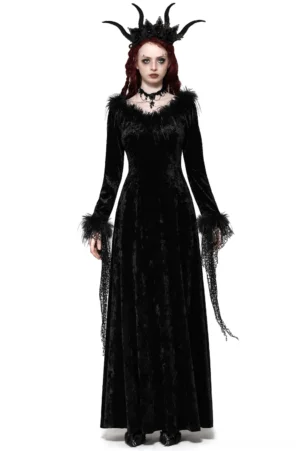 Black velvet gothic maxi dress with feathered collar trim and lace tassel sleeves, front full-body view on model