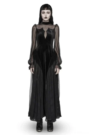 Black velvet mesh gothic maxi dress front view on model, featuring batwing sleeves, keyhole neckline, and fitted velvet bodice