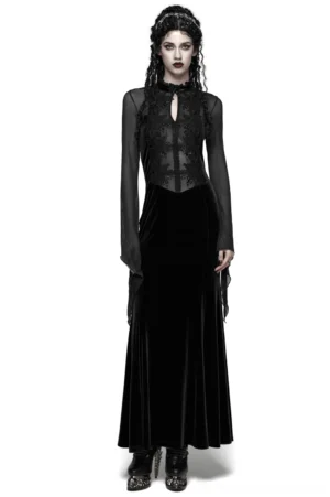 Black velvet gothic maxi dress front view with lace-up corset back and sheer mesh sleeves on female model