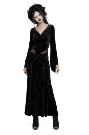 Black velvet gothic maxi dress front view with V-neckline mesh cutout waist and long bell sleeves on model