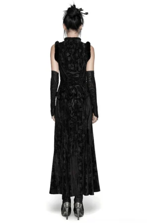 Black velvet gothic dress with lace-up corset back and floor-length hem - rear view showcasing ribbon lace-up design