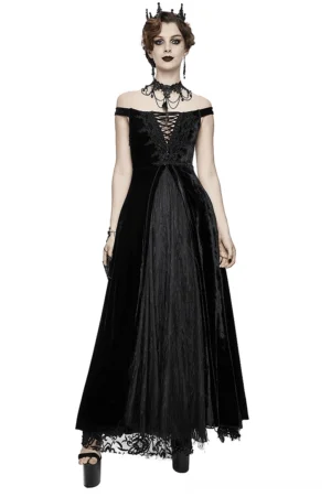 Black velvet off-shoulder gothic maxi dress with lace-up bodice and lace skirt hem, worn by model with gothic styling and jewelry, front full-body view on white studio background