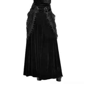 Black velvet gothic maxi skirt front view showing corset waist, lace inserts, and 3D floral embellishments on flat product display