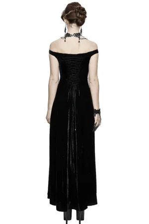 Gothic black velvet off-shoulder floor-length dress with lace-up back detail, model with updo hairstyle showing back full-body view on white studio background