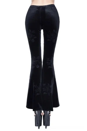Gothic black velvet trousers with floral embroidery, rear view showing lace details and platform heels