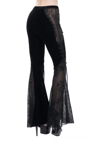 Black gothic velvet flared pants back side view, sheer lace mesh hem flare on model wearing platform heels