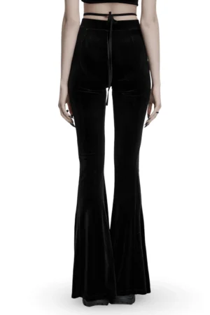 Black velvet flared gothic pants with back tie-up strap and mesh thigh cutouts - rear full-body view