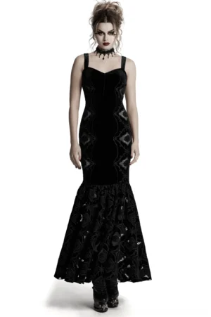 Black velvet gothic slip dress with lace embroidery worn by model, front full-body view showcasing sweetheart neckline and pleated lace hem