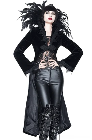 Black velvet gothic tailcoat with feather collar front view on model - elegant dark romantic coat