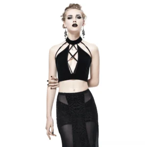 Black velvet halter crop top with crossed front cutout and moon pendant, worn by model with gothic makeup, front studio view