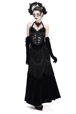 Black velvet gothic halter dress with lace bodice and fringe skirt, front three-quarter view on model with long gloves