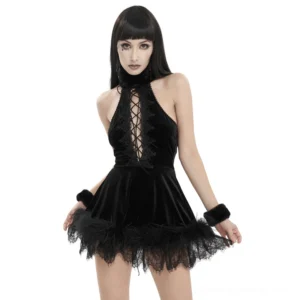 Black velvet halterneck gothic mini dress front view with lace-up cutout detail and feather trim hem
