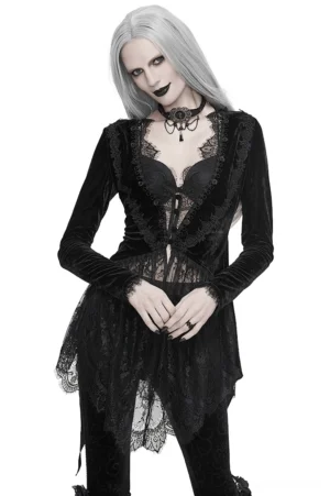 Gothic black velvet lace cape with asymmetrical split back, worn by model with silver hair, front full view