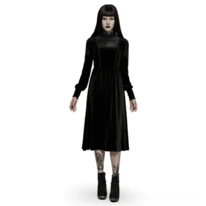 Front view of black velvet gothic lace-collar midi dress with scalloped lace high neckline and voluminous skirt