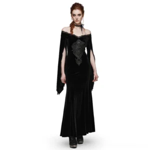 Black velvet lace gothic maxi dress front view with ornate floral decal embroidery