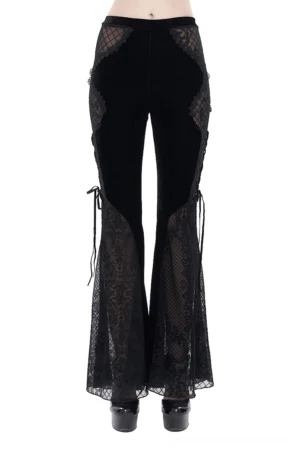 Black velvet lace flared gothic pants front view on model, sheer lace side panels and side lace-up details visible