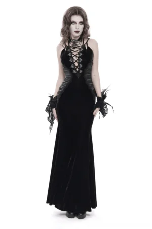 Black velvet lace-up mermaid maxi dress with halter straps and sheer mesh side panels on gothic model in front full-body view