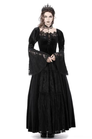 Black velvet lace Victorian gothic evening gown with puff sleeves worn by model in front studio view