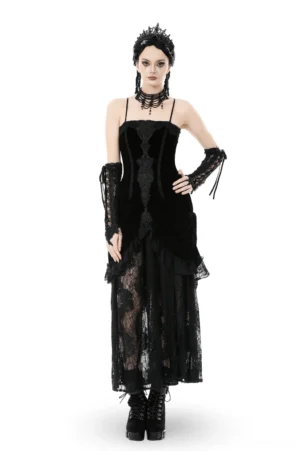 Black velvet and lace Victorian gothic evening gown full front view with spaghetti straps, matching lace gloves, and ornate choker headpiece