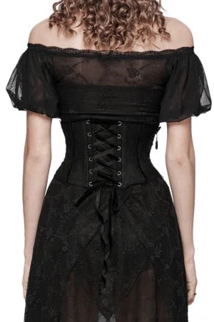 Black velvet lace-up corset belt back view showing adjustable drawstring closure and romantic gothic silhouette on model with long curly brown hair