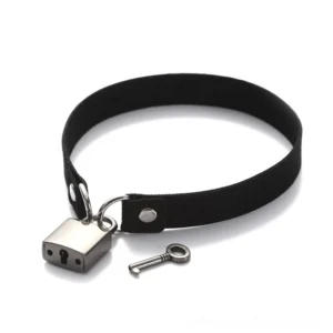 Black velvet lock choker necklace with silver metal hardware and matching key pendant, gothic fashion jewelry