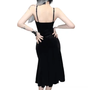 Gothic black velvet mermaid dress back view showing adjustable spaghetti straps and fishtail hem