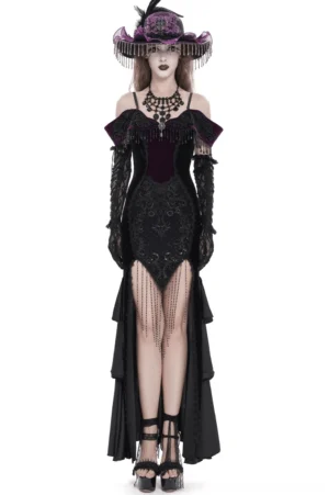 Black velvet off-shoulder mermaid gothic dress with lace-up back and beaded fringe - front view on model