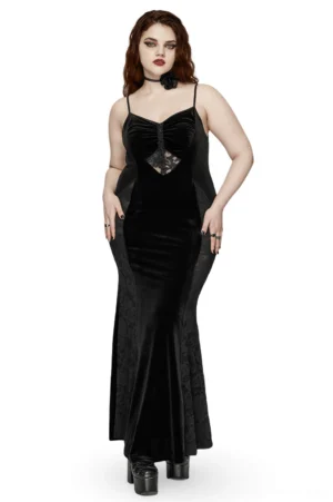 Black velvet mermaid gothic gown front view with heart-shaped lace cutout and spaghetti straps on model