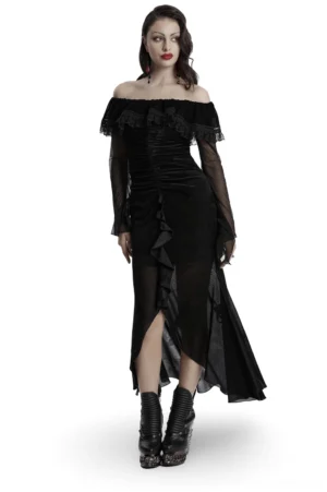 Black velvet mesh fishtail gothic dress with lace ruffle collar and off-shoulder neckline, front full-body view on model