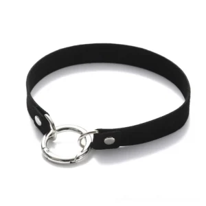 Black velvet o-ring choker necklace with silver metal pendant, minimalist gothic choker design