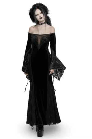 Black velvet off-shoulder gothic maxi dress with floral mesh bell sleeves and lace details, front full-body view
