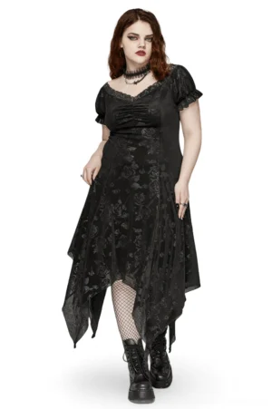 Black velvet rose floral gothic asymmetrical dress front view on plus-size model, featuring off-shoulder ruffled sleeves and handkerchief hem