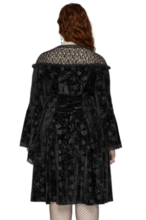 Black velvet rose gothic dress back view displaying corset-style lace-up closure and embossed rose details with fishnet stockings
