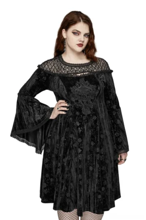 Black velvet rose bell sleeve gothic dress front view on model, showcasing embossed rose patchwork and lace yoke detail