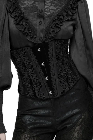 Black velvet gothic corset with rose lace embroidery front view, worn by model with dark styling and alternative fashion aesthetic