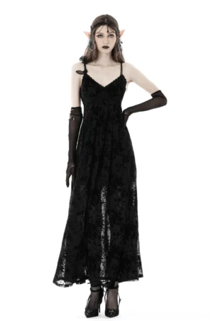 Black gothic velvet rose maxi dress front view with scalloped lace trim and spaghetti straps on model