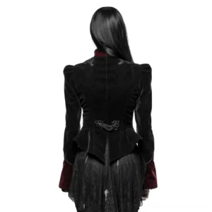 Gothic velvet tailcoat jacket back view showing decorative back buckle, tailored waist, and scissor-tail hem on model