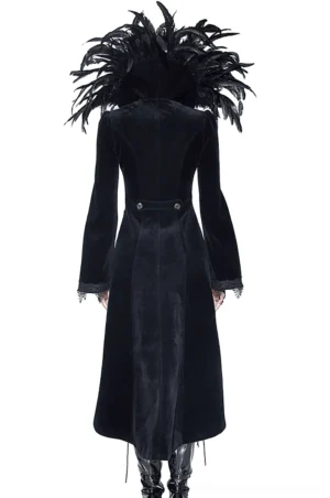Black velvet tailcoat back view showing feather collar and decorative buttons - gothic elegant coat