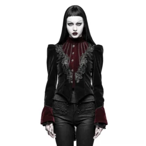Black velvet gothic tailcoat jacket with embroidered lace chest detail, stand collar, and trumpet cuffs - front full view on model