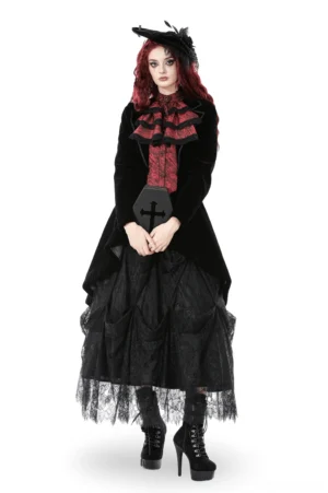 Black velvet gothic tailcoat with wine red ruffled insert front view, shown on model with feather hat, featuring crimson ruffled front panel and high-low hemline