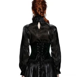 Back view of black velveteen corset with symmetrical lace-up ribbon lacing and keyhole high neck blouse, displaying detailed eyelet construction and elegant back profile