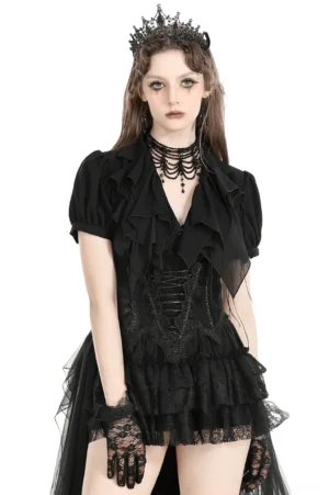 Black Victorian corset lace-up blouse with ruffled peplum front view on model