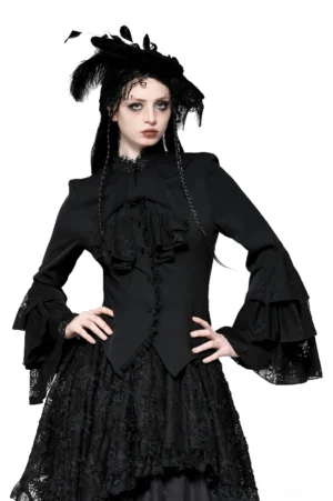 Black Victorian gothic blouse with tiered ruffle sleeves and lace front panel, worn by model in front-facing full-body view against white studio background