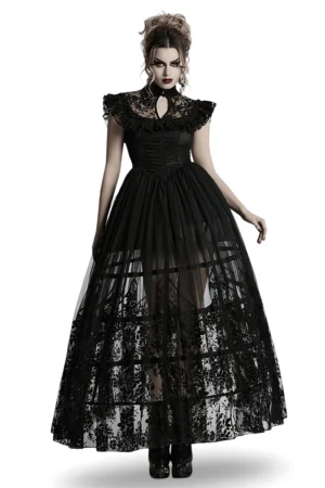 Black victorian gothic mesh dress with ruffled flying sleeves front view on model - sheer floral lace overlay with high neck