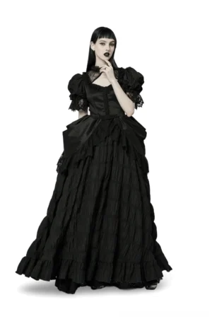 Black Victorian gothic lace evening gown with puff sleeves and embellished square neckline, worn by female model in front view