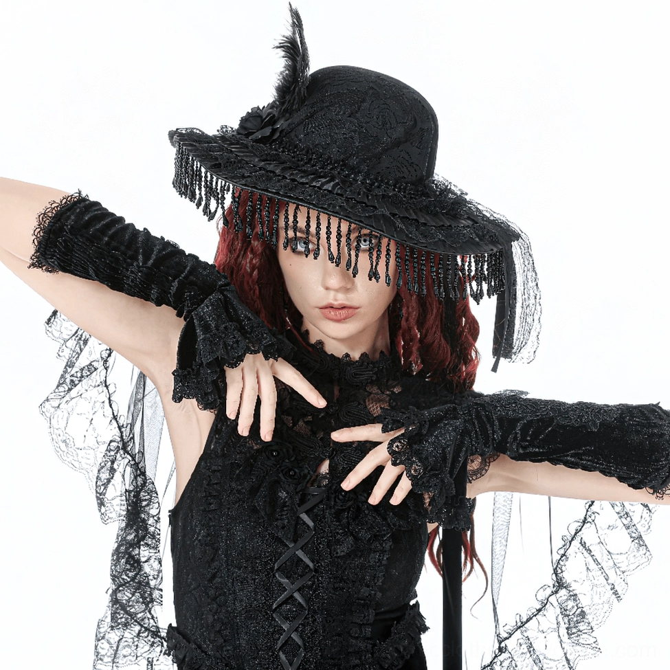 Black Victorian gothic lace hat with elegant beaded veil fringe - alternative fashion accessory showcase